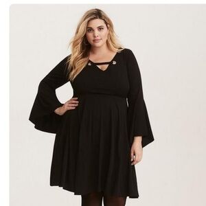 Black Challis Bell Sleeve Skater Dress